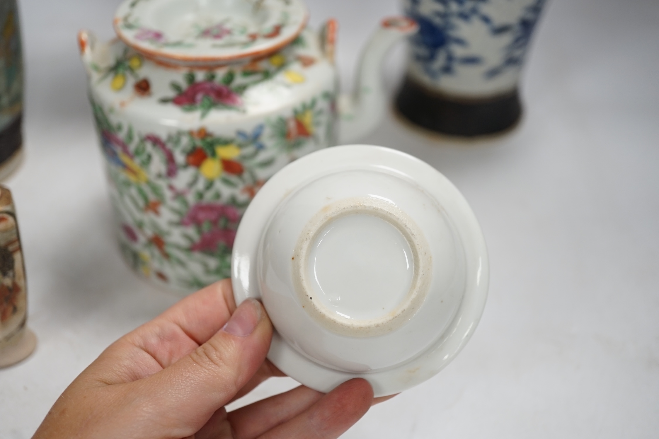 Three pairs of Chinese vases, a teapot, two bowls and a pair of miniature Satsuma vases, tallest item crackleware vases and covers 32cm high. Condition - poor